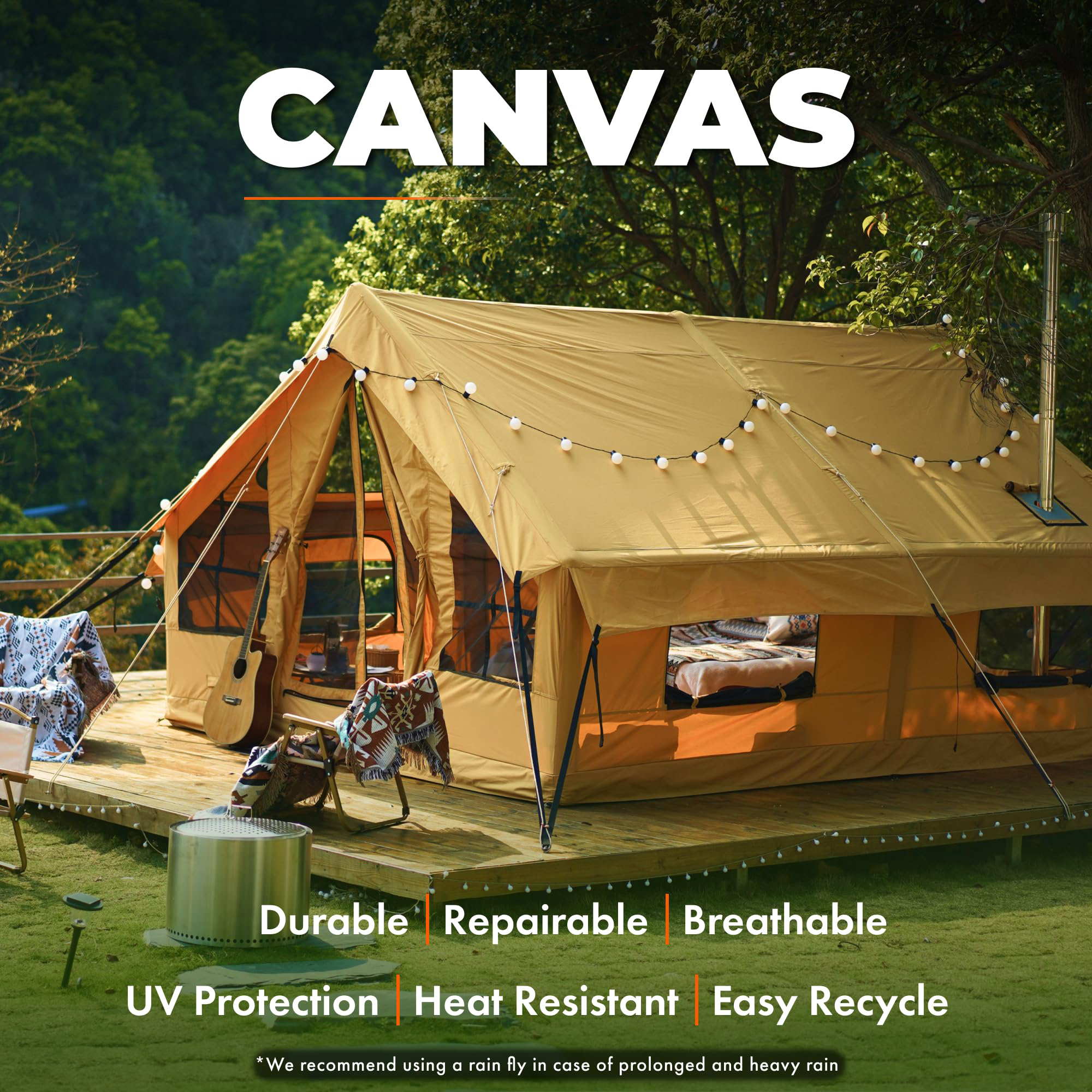 Glamping canvas tent in forest